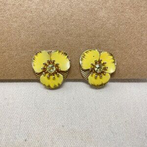 Vintage Yellow Pansy Flower Clip-On Earrings Rhinestone Center Retro Spring
